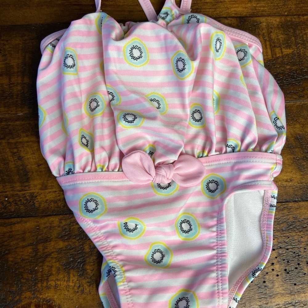 Cat & Jack Baby Girls‎ Swimsuit Size 3-6 M Pink Tutu Lined Striped w/ Kiwi Print